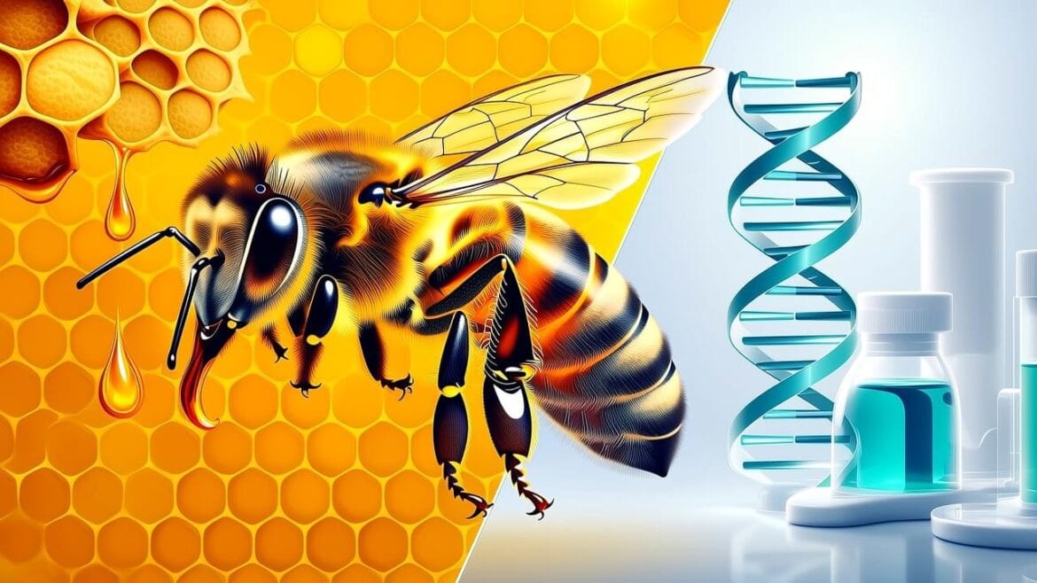 Professional illustration of honeybee with visible stinger showing bee venom benefits for natural medicine and therapy applications