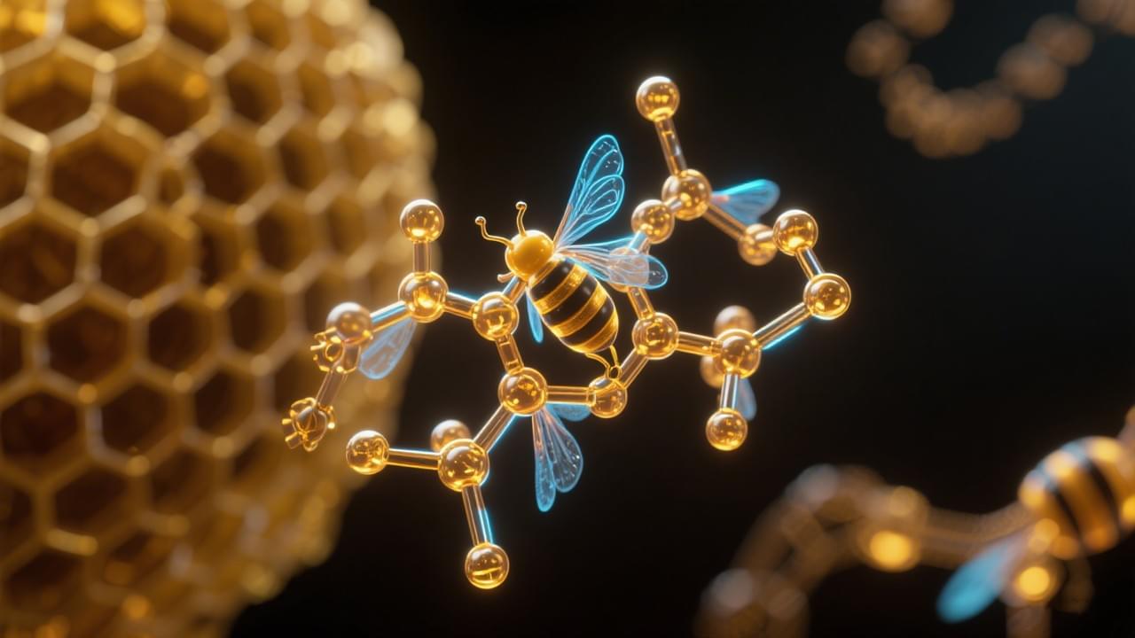 An artistic and scientific illustration showing glowing gold and blue molecular structures, representing the core concepts of Bee Venom Pharmacology, set against a dark honeycomb background.