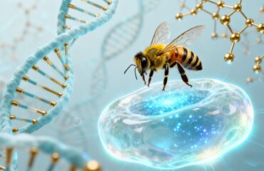Bee venom cancer research illustration showing honeybee, cancer cells, and melittin peptides in a scientific concept design