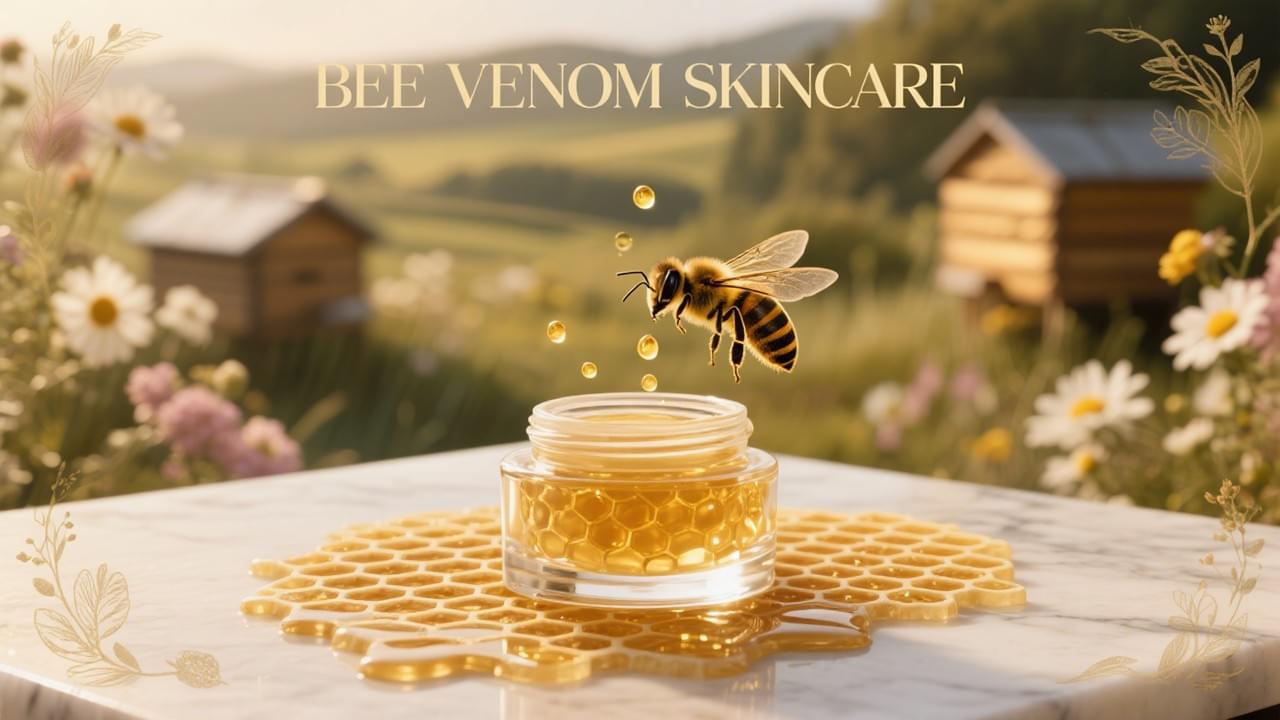 Bee Venom Skincare Product with Honeycomb and Hovering Bee - Natural Anti-Aging Beauty Ingredients