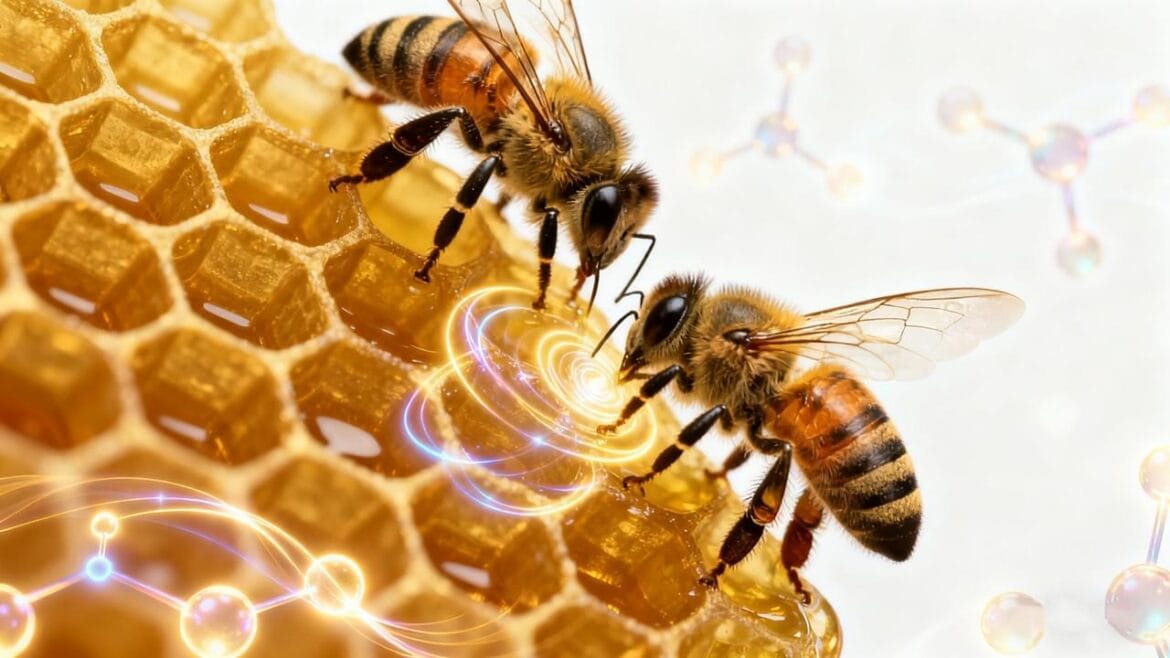 Bee venom antibacterial and antiviral concept showing honeybees and molecular antibacterial energy on honeycomb