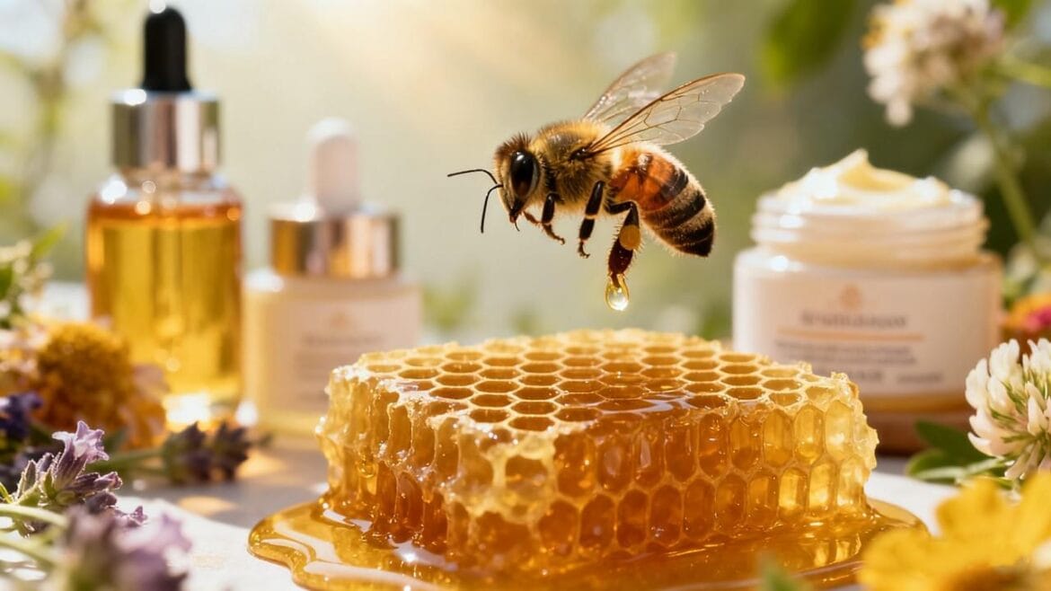 Bee venom skincare concept with honeybee and natural bioactive ingredients on honeycomb background.