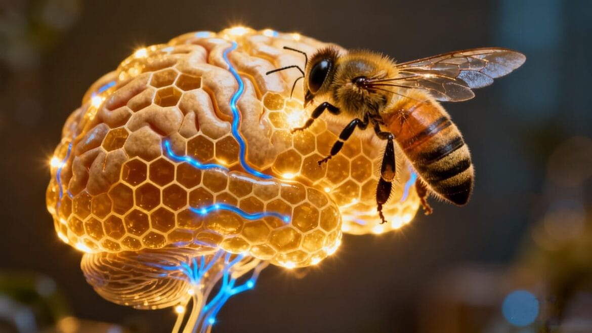 Bee venom neuroprotection concept showing a honeybee on a glowing honeycomb brain, symbolizing natural therapy and neuroscience research.