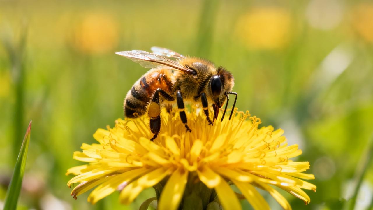 Bee venom therapy natural healing concept with a honeybee on a yellow flower under sunlight, representing natural medicine and wellness.