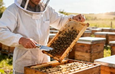 beekeeping_safety_guide A professional beekeeper wearing a full white suit and veil, calmly inspecting a honey frame to ensure optimal Beekeeping Safety and hive health.