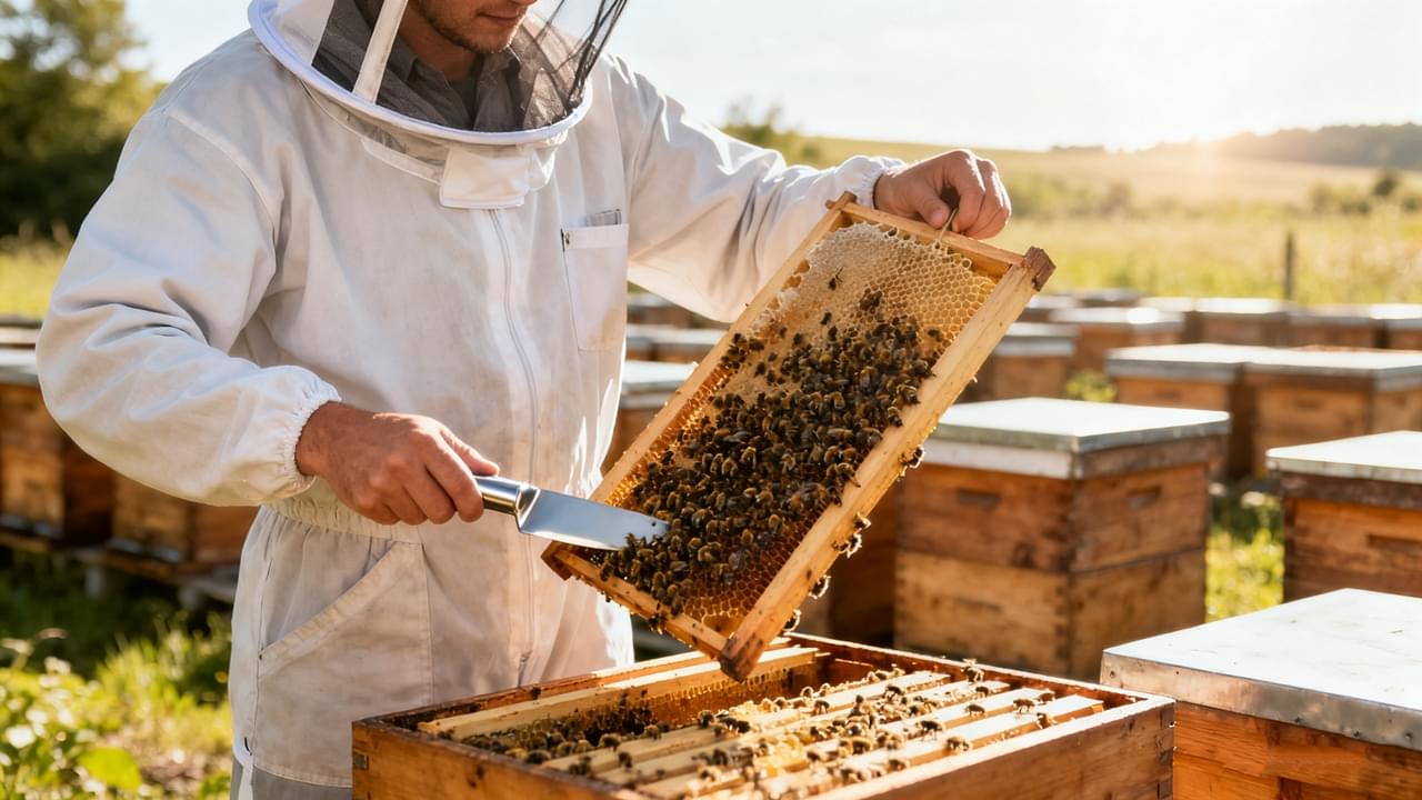 A professional beekeeper wearing a full white suit and veil, calmly inspecting a honey frame to ensure optimal Beekeeping Safety and hive health.