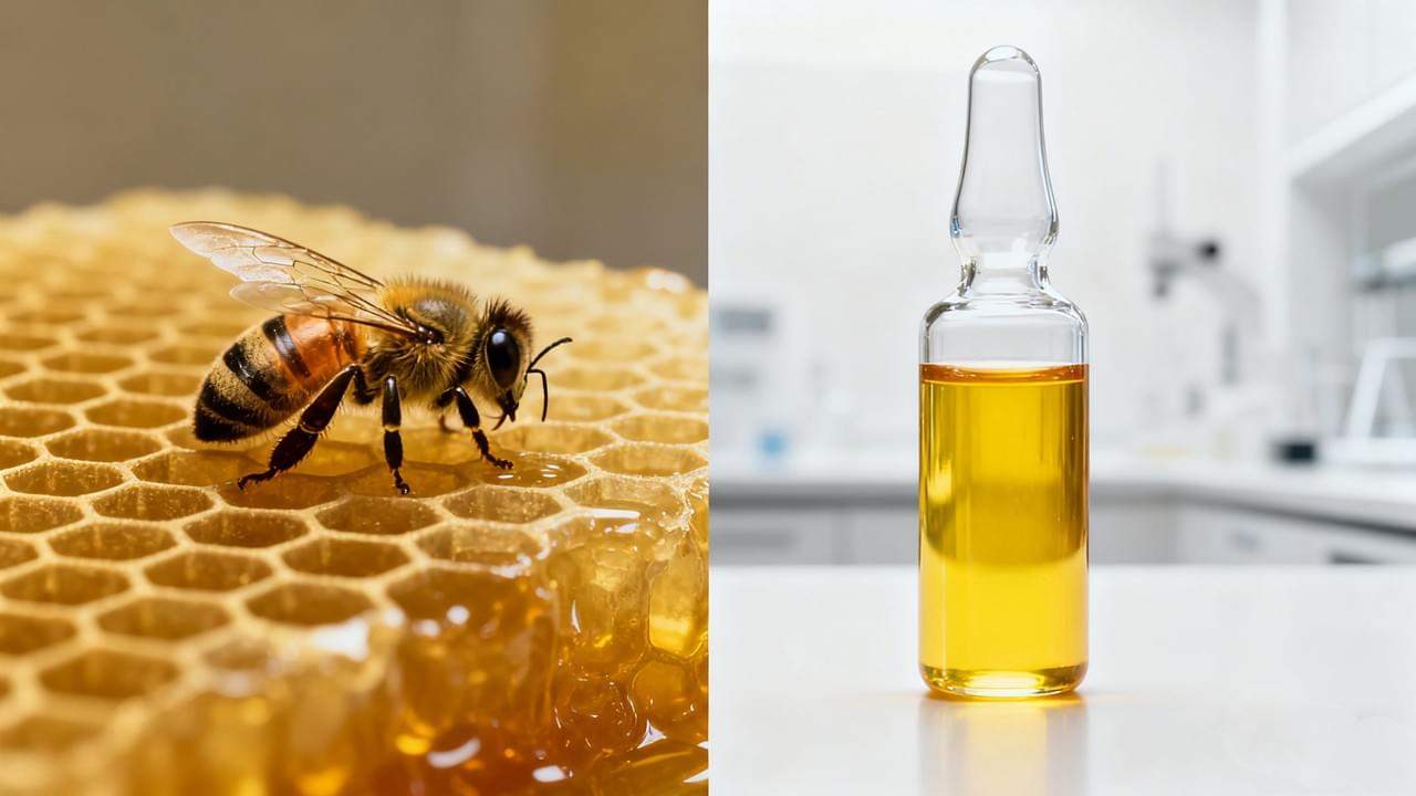 A macro shot showing the transition from a live honeybee on a honeycomb to a scientific syringe containing purified bee venom, symbolizing the evolution of Modern Bee Venom Therapy from traditional sting methods to clinical precision.