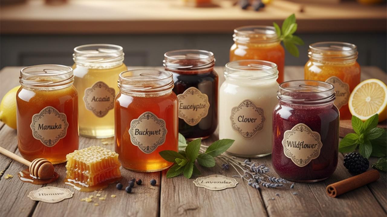A collection of different jars showing various honey varieties health benefits including Manuka, Acacia, and Buckwheat honey on a wooden table.