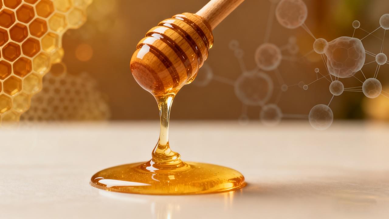 A macro photograph showing golden, therapeutic honey dripping, illustrating the science and power of Honey Wound Healing for skin repair.