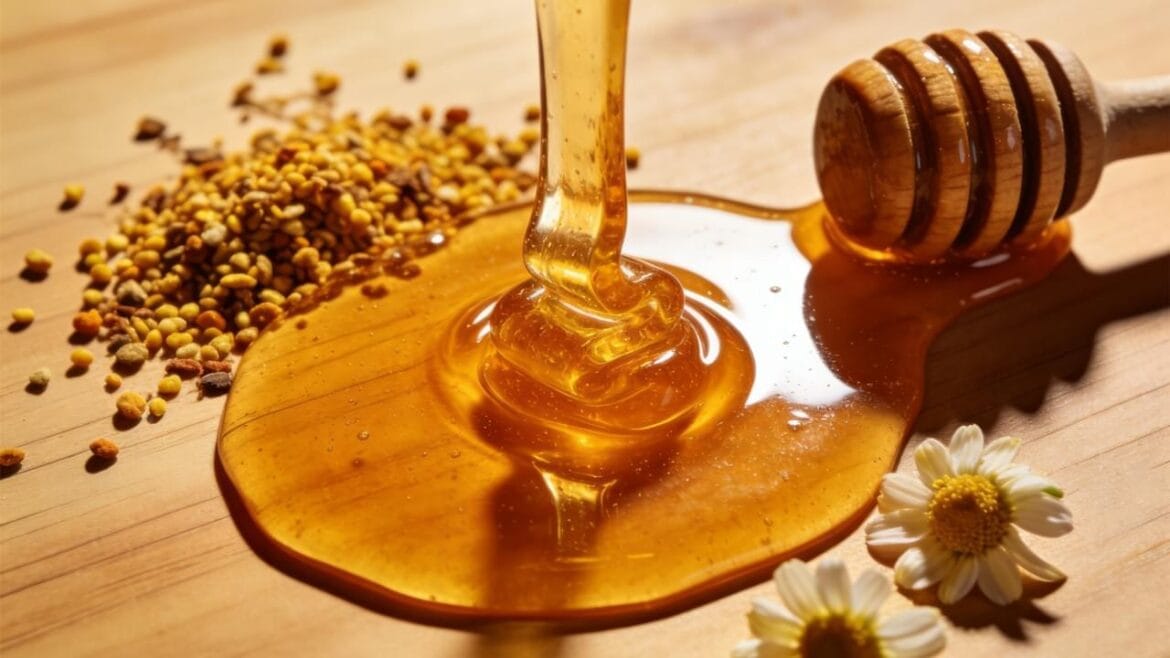 A close-up image of thick, golden Natural Honey flowing over a wooden surface, highlighting the honey health benefits and its superfood quality.