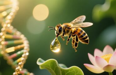 Gentle honeybee with glowing venom droplet – visualizing bee venom therapy benefits for cancer holistic support