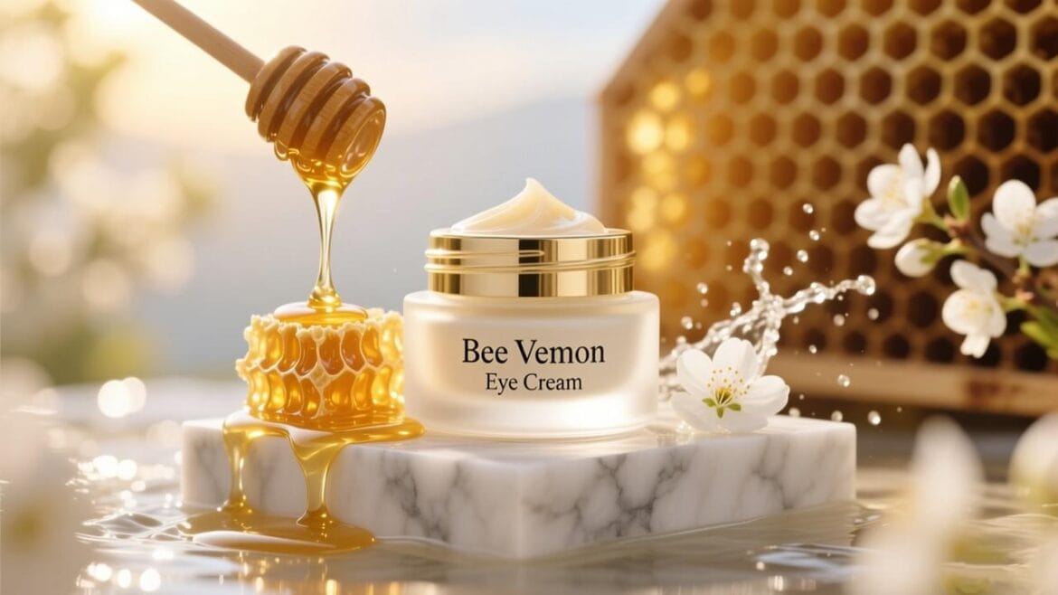 A luxury jar of Bee Venom Eye Cream surrounded by natural honeycomb and flowers, illustrating a natural Botox alternative for reducing eye wrinkles.