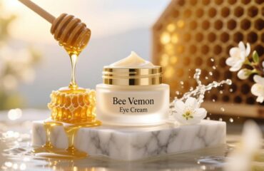 A luxury jar of Bee Venom Eye Cream surrounded by natural honeycomb and flowers, illustrating a natural Botox alternative for reducing eye wrinkles.
