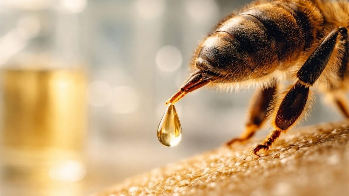 Bee venom droplet on honeybee stinger macro photography showing natural bioactive ingredient