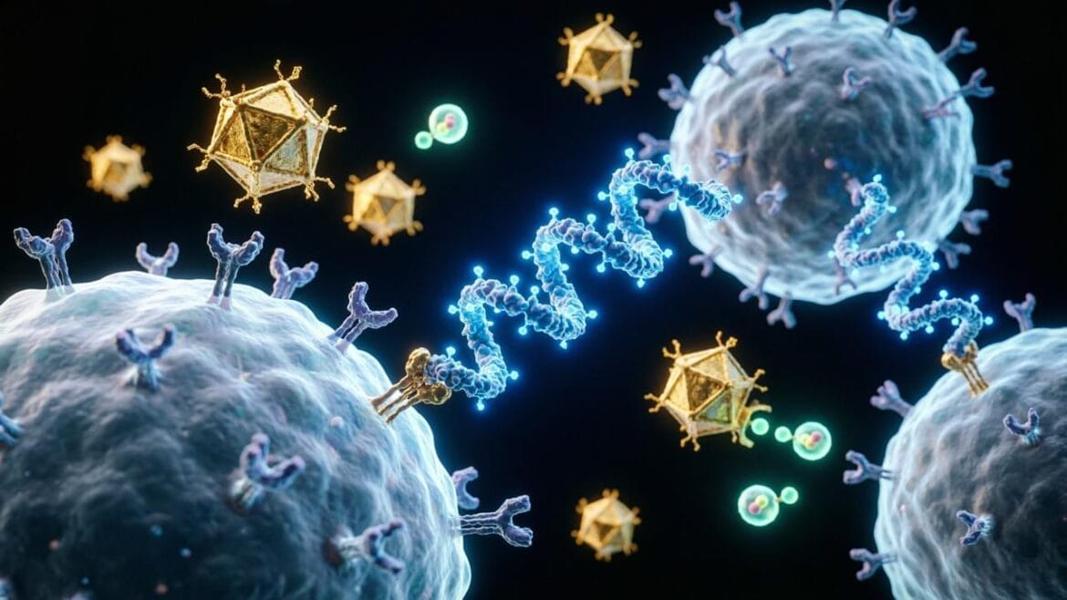 Bee venom medical research concept showing peptide structure and biotechnology laboratory environment