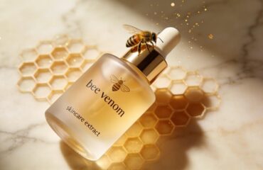 bee-venom-skincare-luxury-beauty-cover Luxury beauty product display with pure bee venom extract, sleek glass skincare bottles, honeycomb elements and natural golden light, Bee Venom Skincare for high-end beauty market