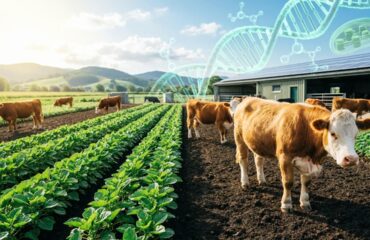 Bee venom agriculture concept showing sustainable farming with livestock and crops in a green biotech environment