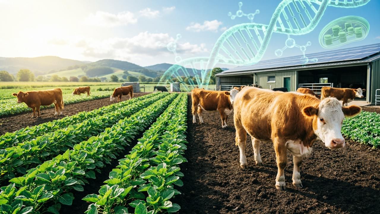 Bee venom agriculture concept showing sustainable farming with livestock and crops in a green biotech environment