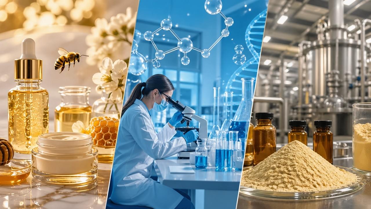 Bee venom products cover showing skincare, medical, and raw material applications in a modern scientific visual composition