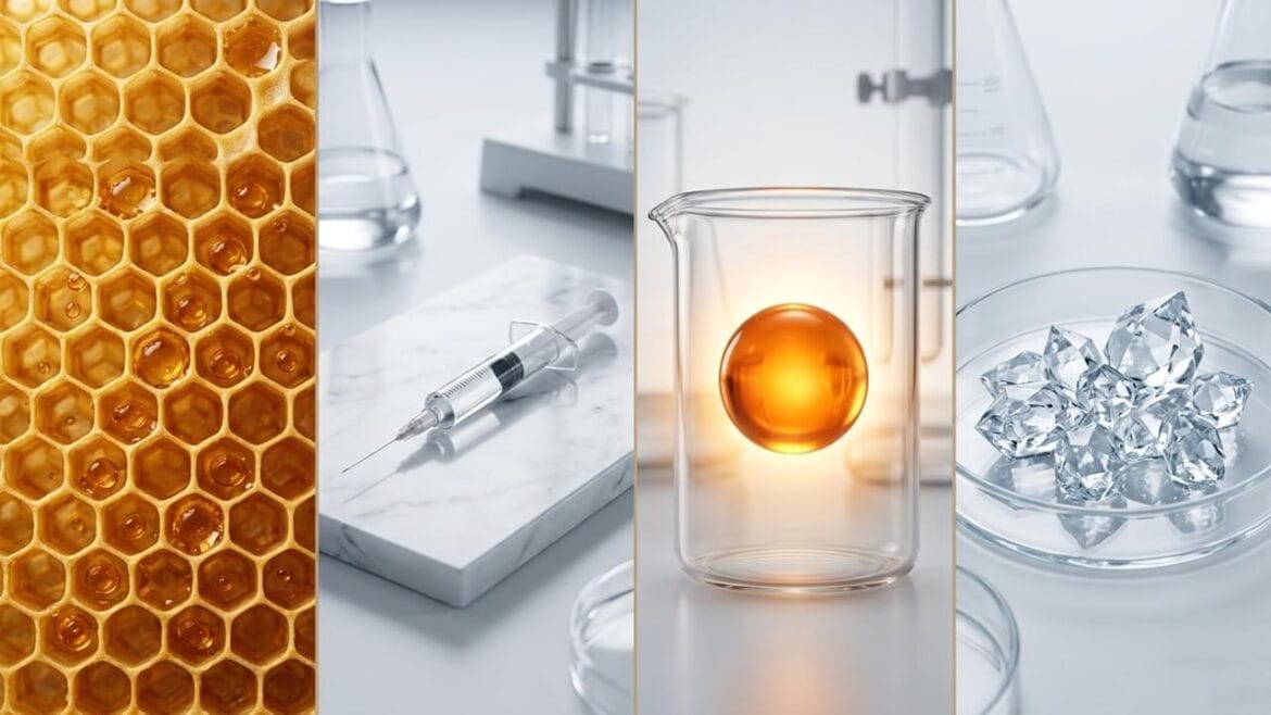 Comparison of 4 effective anti-aging ingredients including Bee Venom, Botox, Retinol and Proxylane for skincare.