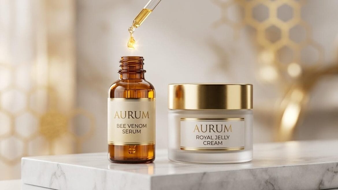 A luxury glass dropper bottle and moisturizer jar displayed on a marble surface, illustrating a premium bee venom skincare routine for anti-aging.