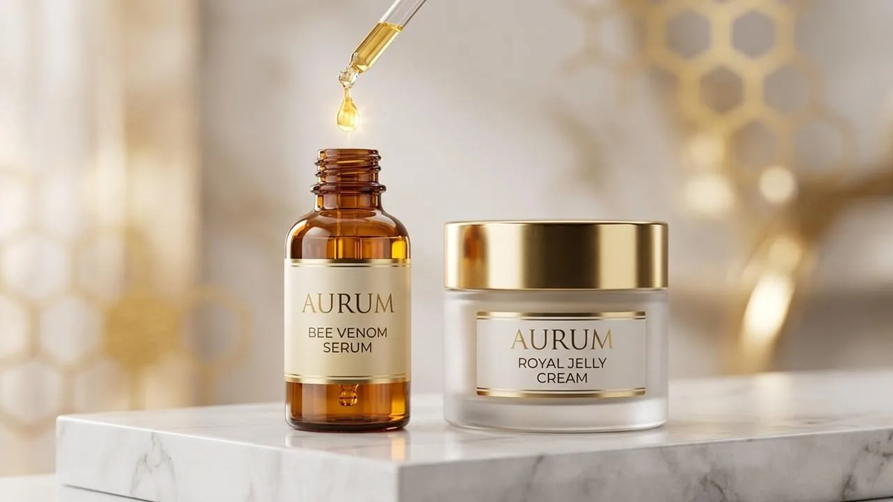 A luxury glass dropper bottle and moisturizer jar displayed on a marble surface, illustrating a premium bee venom skincare routine for anti-aging.