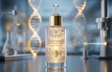 A futuristic biotech laboratory serum bottle showcasing the next generation of bee venom skincare trends with golden nano-particles.