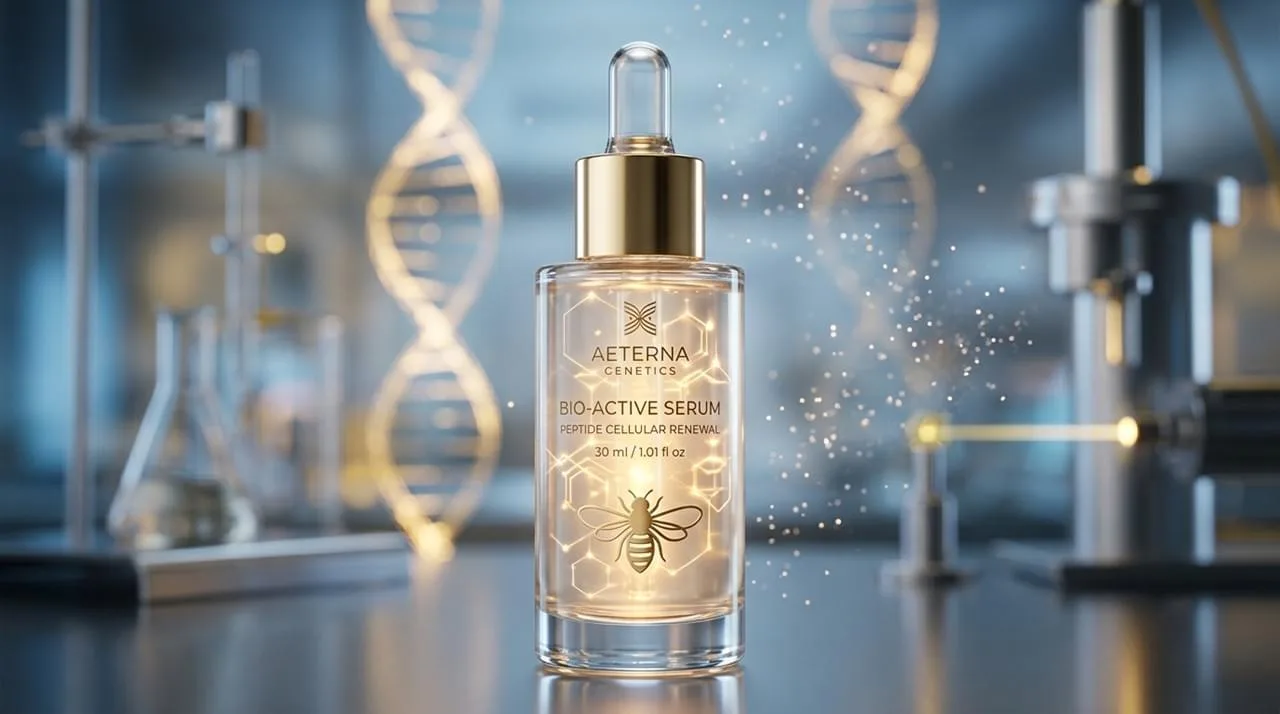 A futuristic biotech laboratory serum bottle showcasing the next generation of bee venom skincare trends with golden nano-particles.