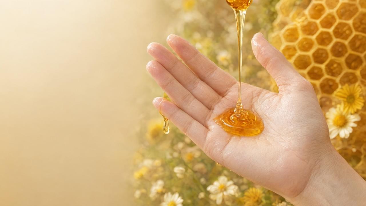 Close-up of honey skincare benefits with golden raw honey dripping on glowing skin against a natural honeycomb background