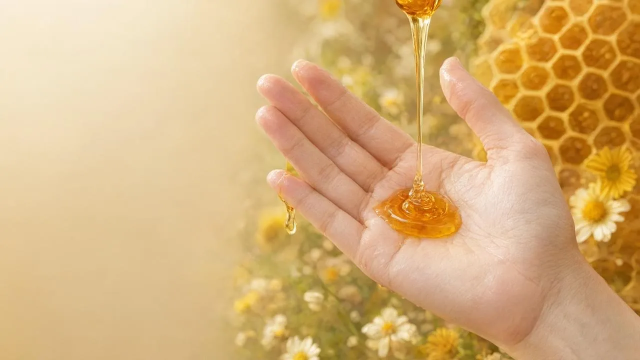Close-up of honey skincare benefits with golden raw honey dripping on glowing skin against a natural honeycomb background