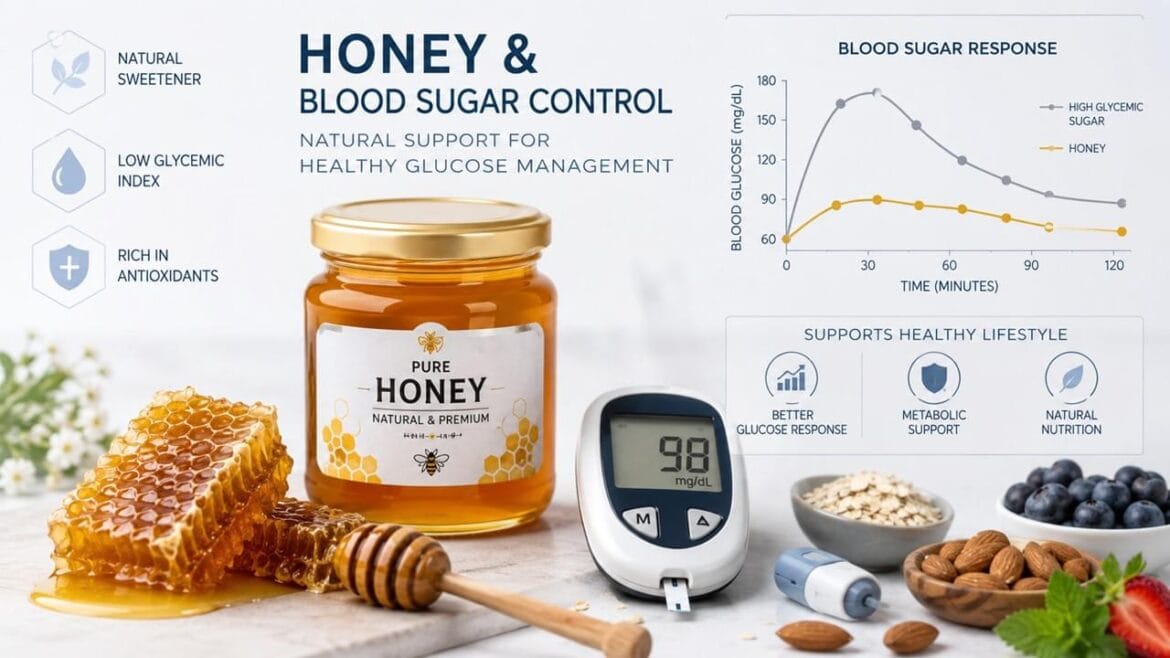 Honey and Blood Sugar Control: natural honey jar with glucose monitoring and diabetes-friendly nutrition choices