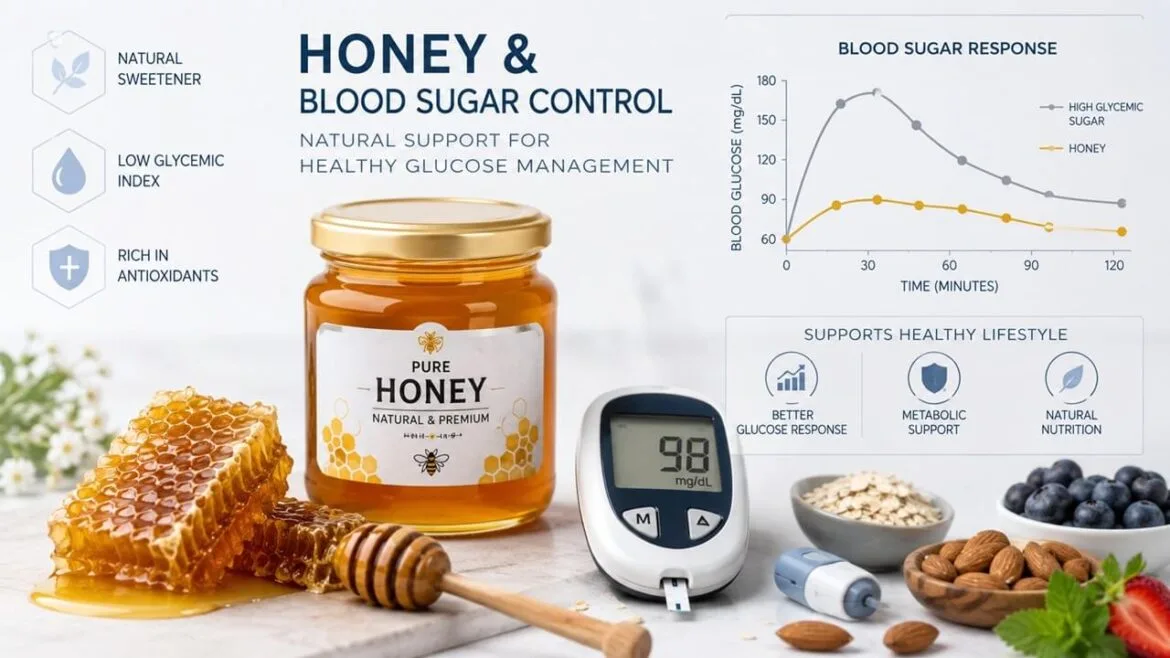 Honey and Blood Sugar Control: natural honey jar with glucose monitoring and diabetes-friendly nutrition choices