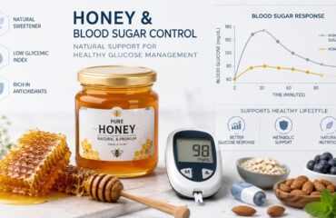 Honey and Blood Sugar Control: natural honey jar with glucose monitoring and diabetes-friendly nutrition choices