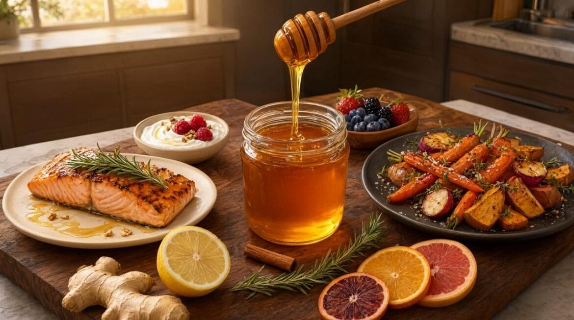 Honey cooking with creative recipes, roasted vegetables, glazed salmon, fruit, yogurt and natural ingredients