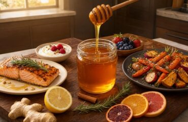 honey-cooking-creative-recipes Honey cooking with creative recipes, roasted vegetables, glazed salmon, fruit, yogurt and natural ingredients