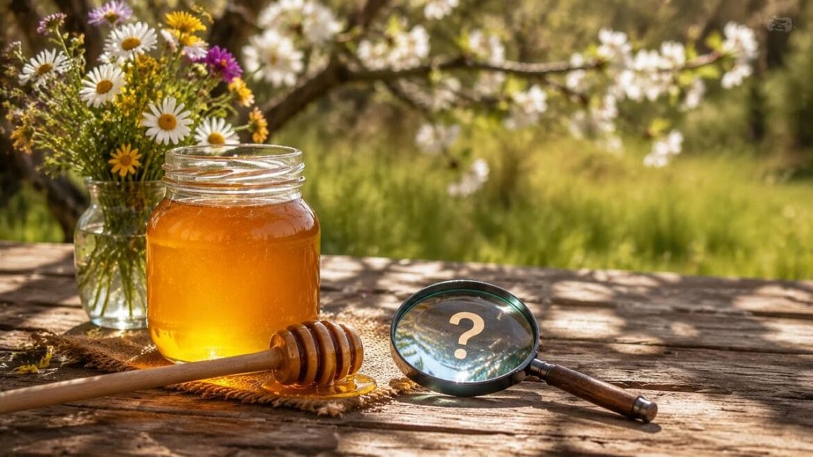 A glass jar of golden local honey for allergies sits on a wooden table with wildflowers and a magnifying glass, symbolizing the question whether local honey can relieve seasonal hay fever.