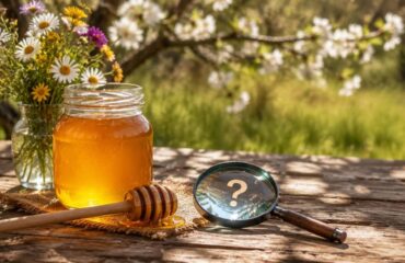 A glass jar of golden local honey for allergies sits on a wooden table with wildflowers and a magnifying glass, symbolizing the question whether local honey can relieve seasonal hay fever.