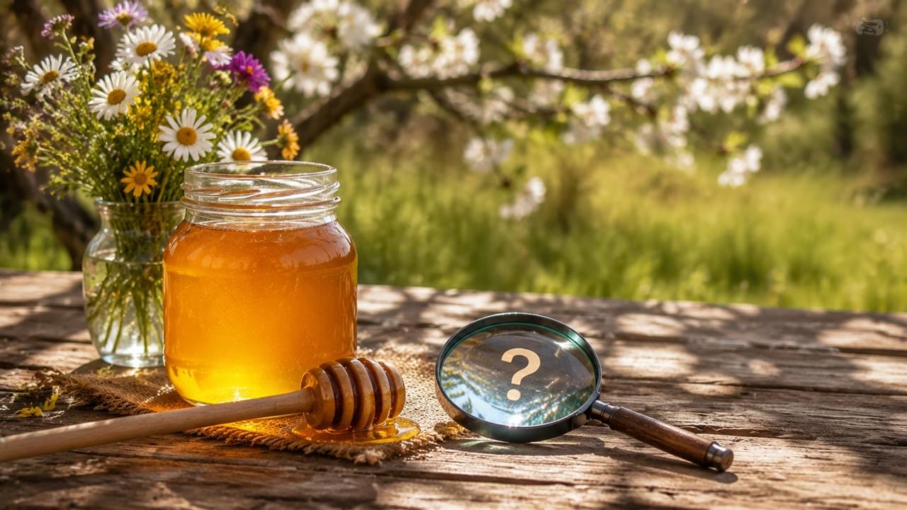 A glass jar of golden local honey for allergies sits on a wooden table with wildflowers and a magnifying glass, symbolizing the question whether local honey can relieve seasonal hay fever.