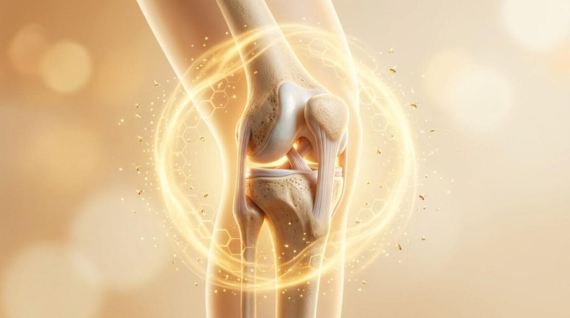 Natural bee venom for arthritis relief illustration showing golden joint healing energy