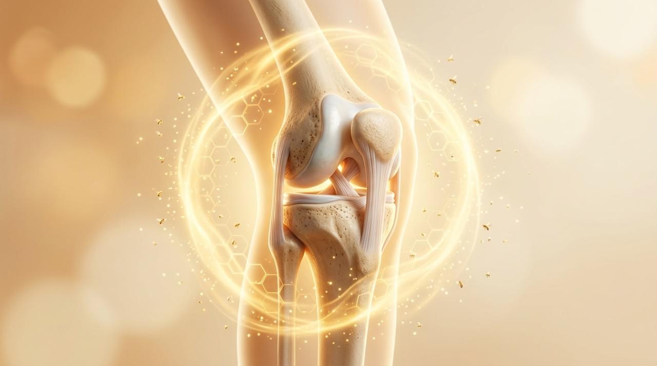 Natural bee venom for arthritis relief illustration showing golden joint healing energy