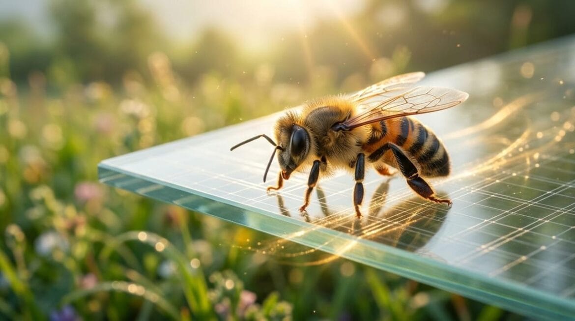 A honeybee safely depositing venom on a clean glass plate during cruelty-free bee venom collection