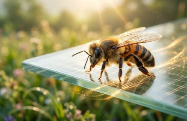 A honeybee safely depositing venom on a clean glass plate during cruelty-free bee venom collection