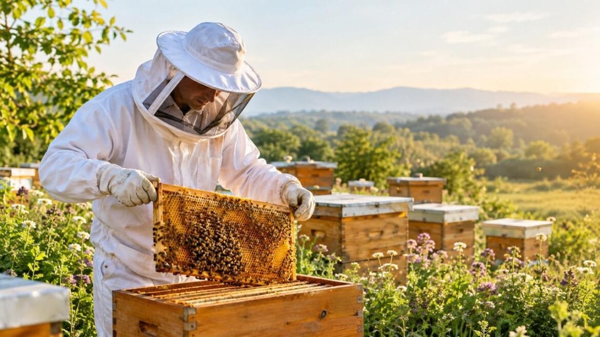 Sustainable beekeeping with a professional beekeeper protecting healthy bee colonies