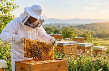 Sustainable beekeeping with a professional beekeeper protecting healthy bee colonies
