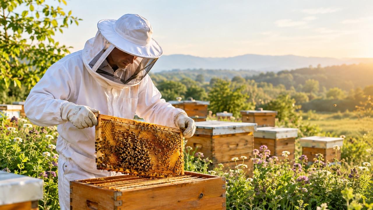 Sustainable beekeeping with a professional beekeeper protecting healthy bee colonies